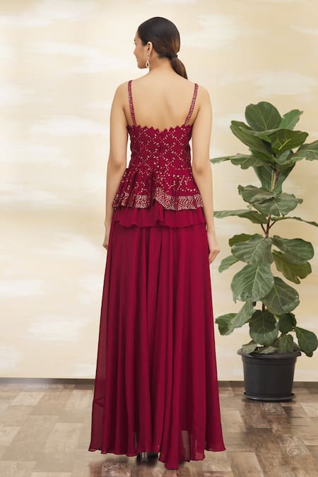 Shop Samyukta Singhania Maroon Chiffon, Net Embroidery Square Neck Peplum Tunic Set at Aza Fashions Shop_Samyukta Singhania_Maroon Chiffon, Net Embroidery Square Neck Peplum Tunic Set_at_Aza_Fashions