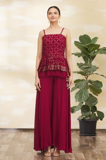 Samyukta Singhania Maroon Chiffon, Net Embroidery Square Neck Peplum Tunic Set Online at Aza Fashions Samyukta Singhania_Maroon Chiffon, Net Embroidery Square Neck Peplum Tunic Set_Online_at_Aza_Fashions