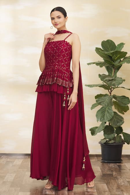 Khwaab by Sanjana Lakhani Maroon Embroidered Peplum Tunic Set 