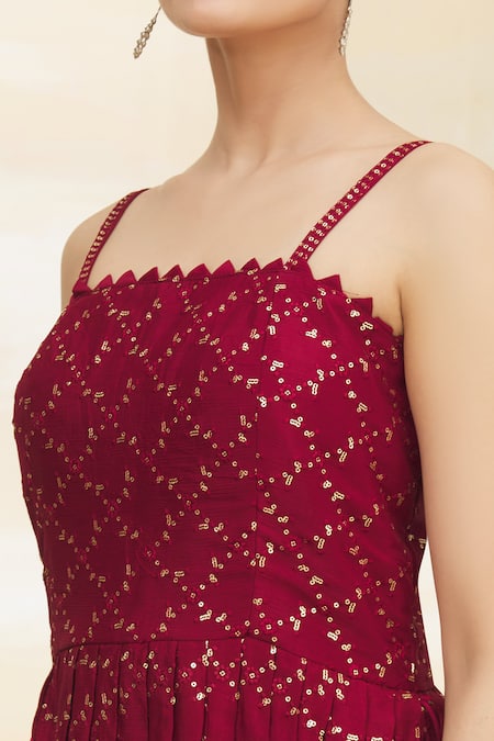 Samyukta Singhania Maroon Chiffon, Net Embroidery Square Neck Peplum Tunic Set at Aza Fashions Samyukta Singhania_Maroon Chiffon, Net Embroidery Square Neck Peplum Tunic Set_at_Aza_Fashions