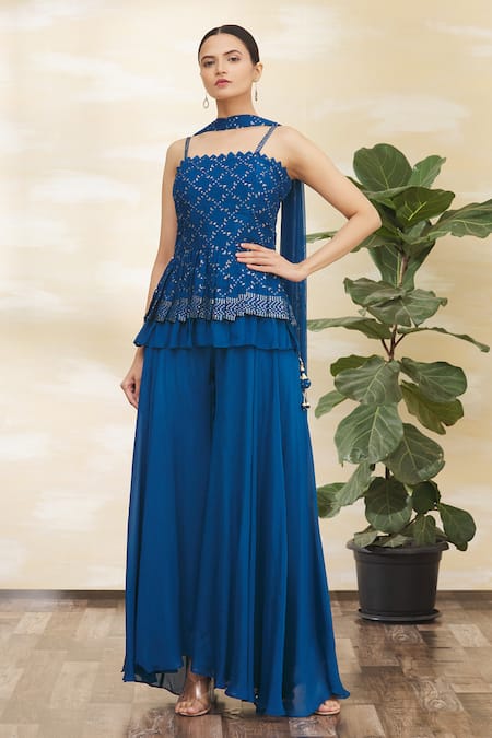 Khwaab by Sanjana Lakhani Blue Chinnon Embroidery Square Neck Royal Peplum Tunic Set 