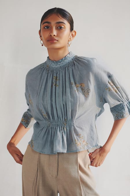 Cord Blue 100% Cotton Embroidery Round Printed Top 