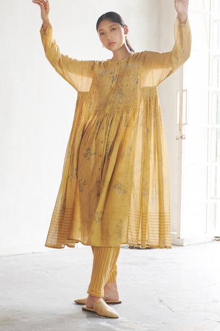 Cord Yellow 100% Cotton Round Block Print Tunic Online at Aza Fashions Cord_Yellow 100% Cotton Round Block Print Tunic_Online_at_Aza_Fashions