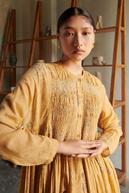 Cord Yellow 100% Cotton Round Block Print Tunic at Aza Fashions Cord_Yellow 100% Cotton Round Block Print Tunic_at_Aza_Fashions