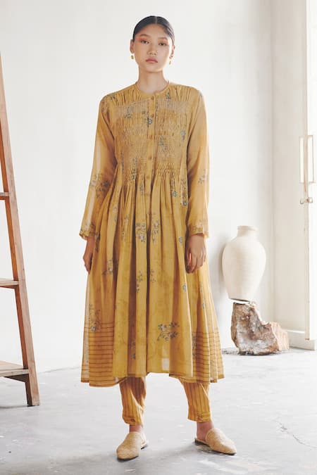 Shop Cord Yellow 100% Cotton Floral Round Block Print Tunic And Pant Set at Aza Fashions Shop_Cord_Yellow 100% Cotton Floral Round Block Print Tunic And Pant Set_at_Aza_Fashions