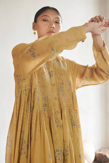 Buy Cord Yellow 100% Cotton Floral Round Block Print Tunic And Pant Set Online at Aza Fashions Buy_Cord_Yellow 100% Cotton Floral Round Block Print Tunic And Pant Set_Online_at_Aza_Fashions