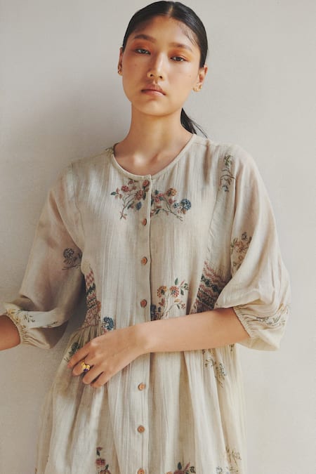 Shop_Cord_White 100% Cotton Round Embroidered Kurta And Pant Set_Online_at_Aza_Fashions