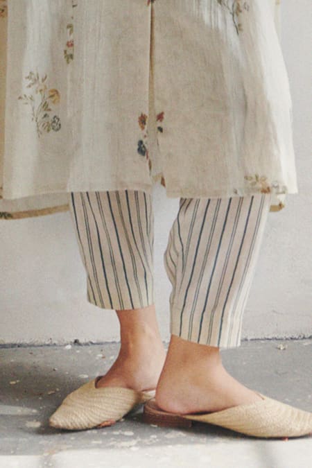 Cord_White 100% Cotton Round Embroidered Kurta And Pant Set_at_Aza_Fashions