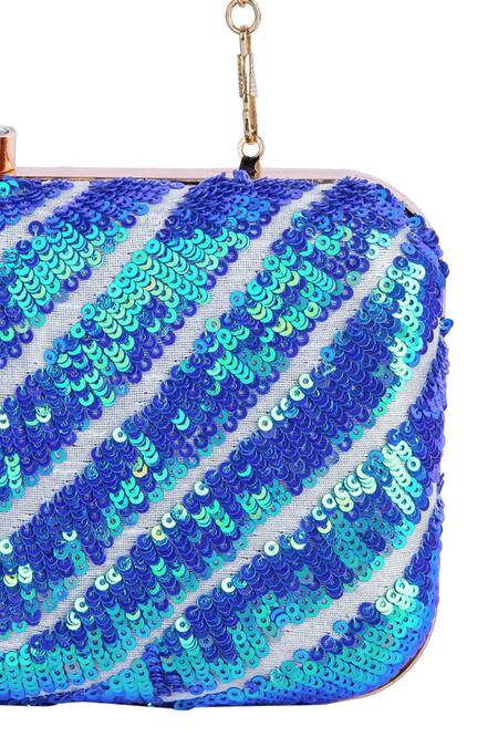 A Clutch Story Blue Sequins, Embroidery Hand Box Clutch at Aza Fashions A Clutch Story_Blue Sequins, Embroidery Hand Box Clutch_at_Aza_Fashions