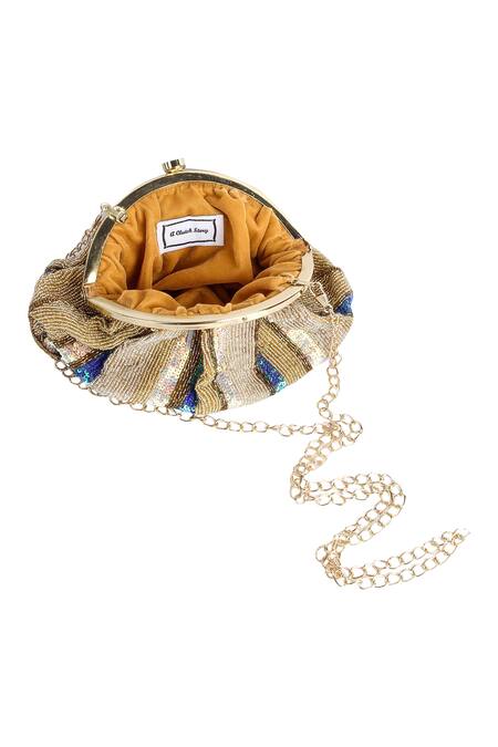 Shop A Clutch Story Gold Embroidery, Sequins Silk Clutch With Sling Online at Aza Fashions Shop_A Clutch Story_Gold Embroidery, Sequins Silk Clutch With Sling _Online_at_Aza_Fashions