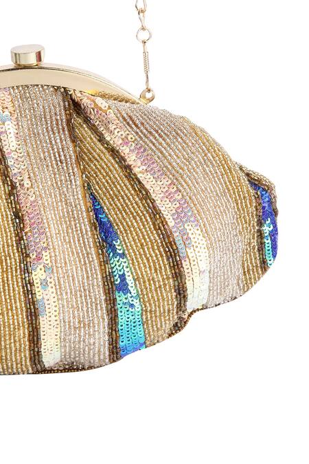 A Clutch Story Gold Embroidery, Sequins Silk Clutch With Sling at Aza Fashions A Clutch Story_Gold Embroidery, Sequins Silk Clutch With Sling _at_Aza_Fashions