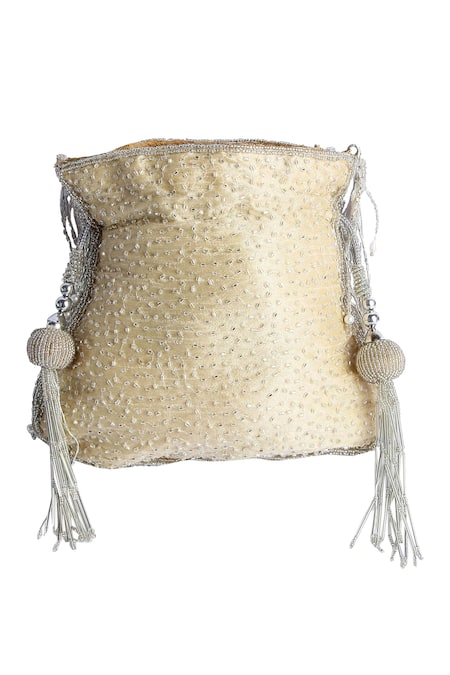 Shop A Clutch Story Gold Embroidery, Beads Silk Tassel Potli Bag at Aza Fashions Shop_A Clutch Story_Gold Embroidery, Beads Silk Tassel Potli Bag _at_Aza_Fashions