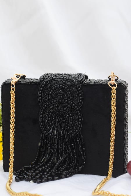 Eena Black Embroidered Erisha Tassel Clutch With Sling 