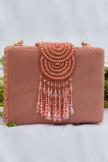 Shop Eena Pink Embroidered Erisha Tassel Clutch With Sling at Aza Fashions Shop_Eena_Pink Embroidered Erisha Tassel Clutch With Sling _at_Aza_Fashions