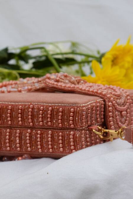 Eena Pink Embroidered Erisha Tassel Clutch With Sling Online at Aza Fashions Eena_Pink Embroidered Erisha Tassel Clutch With Sling _Online_at_Aza_Fashions