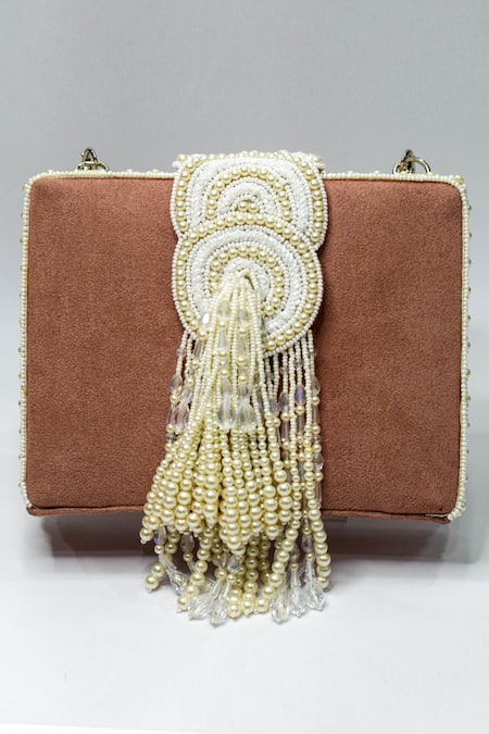 Shop Eena Pink Embroidered Erisha Tassel Box Clutch at Aza Fashions Shop_Eena_Pink Embroidered Erisha Tassel Box Clutch _at_Aza_Fashions