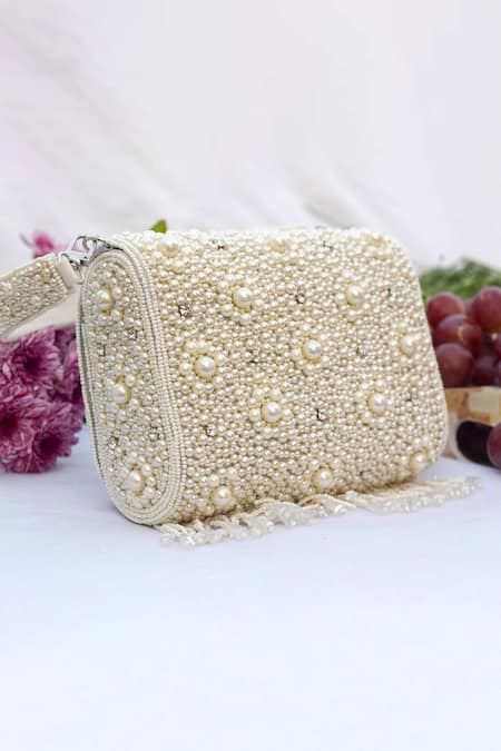 Shop_Eena_White Embroidered Ilesha Beaded Flap Clutch  _at_Aza_Fashions