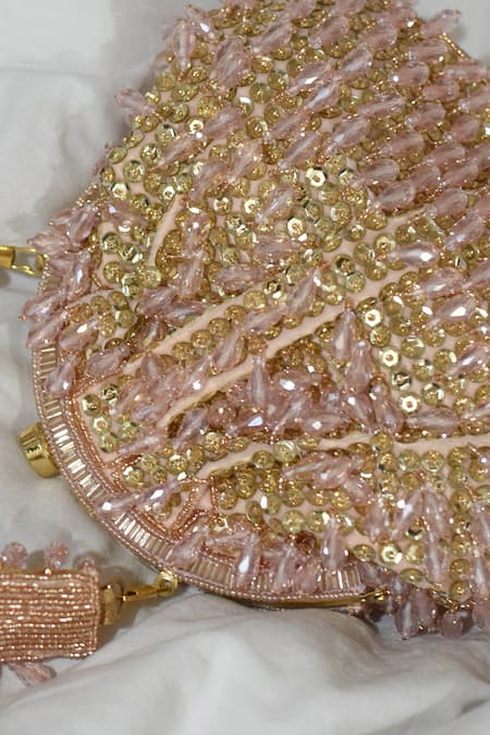 Shop Eena Pink Embroidery, Beads Paravi Tassel Clutch at Aza Fashions Shop_Eena_Pink Embroidery, Beads Paravi Tassel Clutch _at_Aza_Fashions