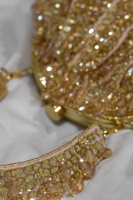 Eena_Gold Embroidered Paravi Bead Tassel Clutch  _Online_at_Aza_Fashions