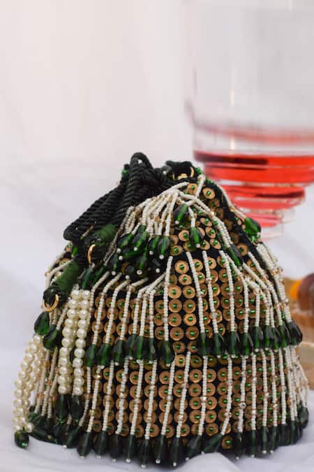 Eena Green Embroidered Shayna Bead Tassel Potli Bag 