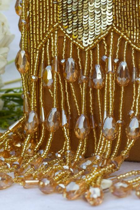 Eena_Gold Embroidered Dishi Tassel Clutch With Sling _Online_at_Aza_Fashions