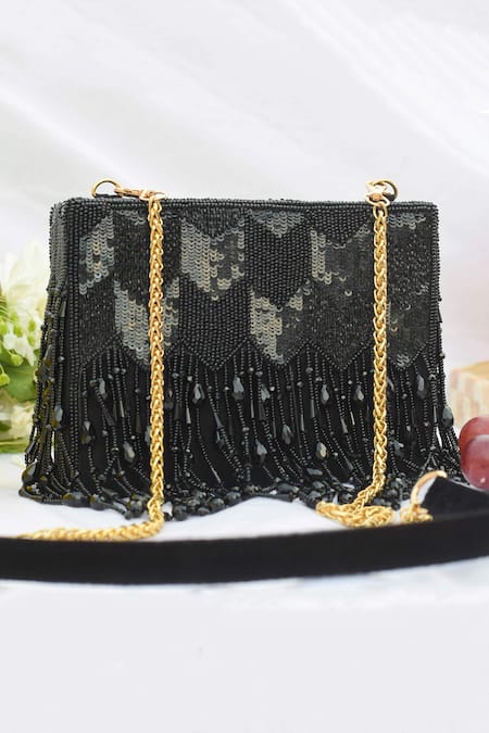 EENA Embroidered Black Box Clutch with Tassels 