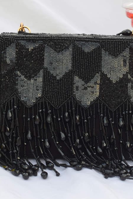 Shop Eena Black Embroidered Box Clutch With Tassels at Aza Fashions Shop_Eena_Black Embroidered Box Clutch With Tassels _at_Aza_Fashions