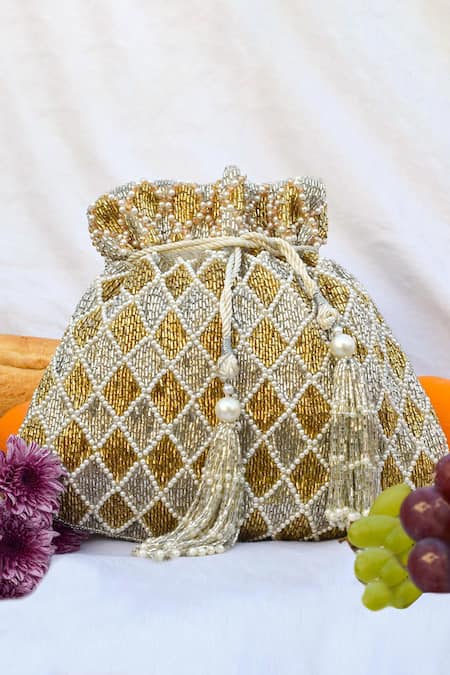 Shop Eena White Embroidery, Beads, Rhinestones Rabia Velvet Potli Bag at Aza Fashions Shop_Eena_White Embroidery, Beads, Rhinestones Rabia Velvet Potli Bag _at_Aza_Fashions