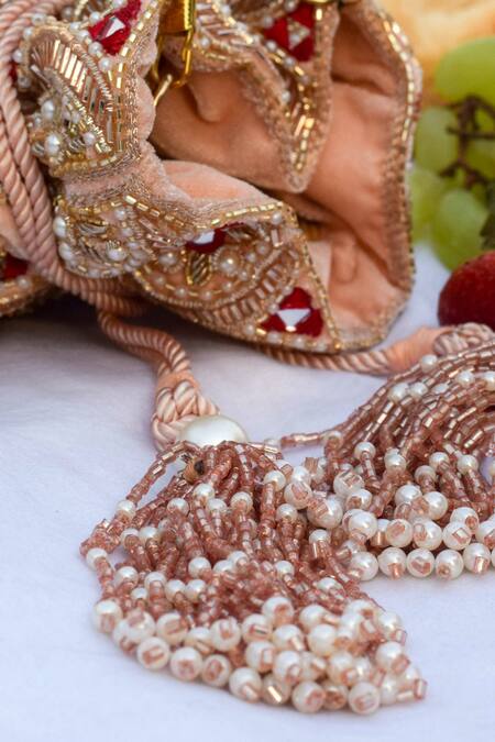 EENA_Pink Embroidered Idika Velvet Potli Bag _Online_at_Aza_Fashions