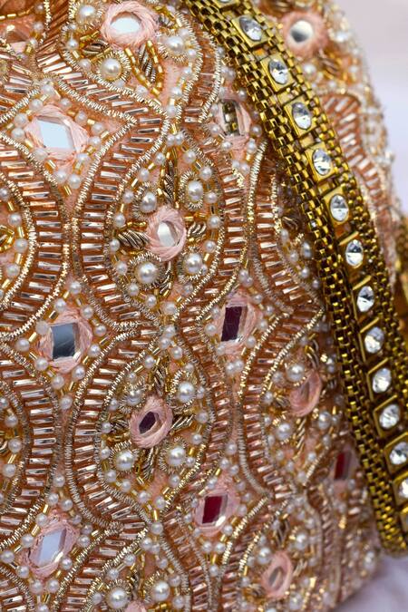 Eena_Pink Embroidery, Zari Idika Velvet Potli Bag _Online_at_Aza_Fashions
