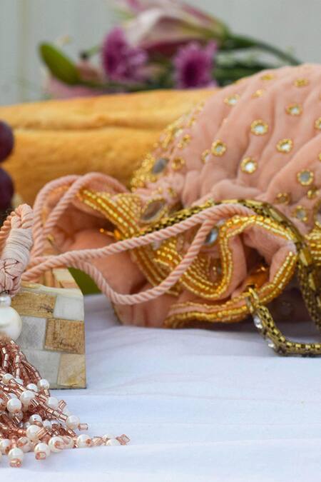 Eena_Pink Embroidered Satara Velvet Potli Bag _Online_at_Aza_Fashions