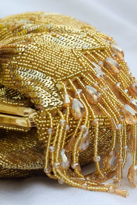 Eena_Gold Embroidered Hrutvy Bead Tassel Clutch  _Online_at_Aza_Fashions
