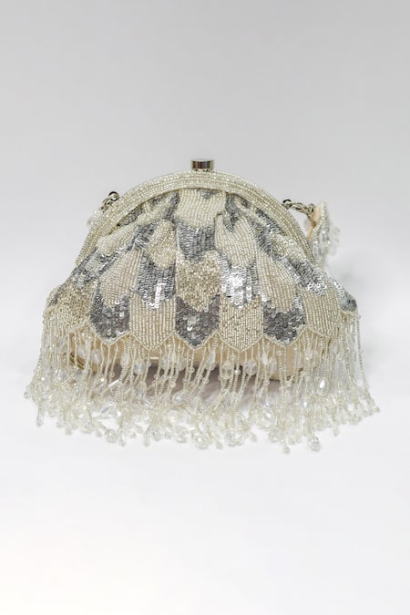 Shop Eena Silver Embroidered Hrutvy Bead Tassel Clutch at Aza Fashions Shop_Eena_Silver Embroidered Hrutvy Bead Tassel Clutch _at_Aza_Fashions