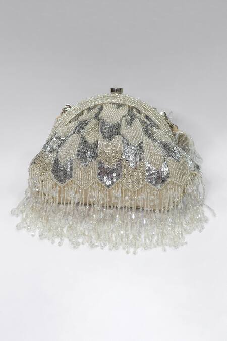 Eena Silver Embroidered Hrutvy Bead Tassel Clutch Online at Aza Fashions Eena_Silver Embroidered Hrutvy Bead Tassel Clutch _Online_at_Aza_Fashions