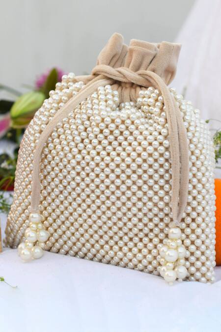 Buy Gold Embellished Pearl Nano Half Moon Bag by RICAMMO Online at Aza  Fashions.