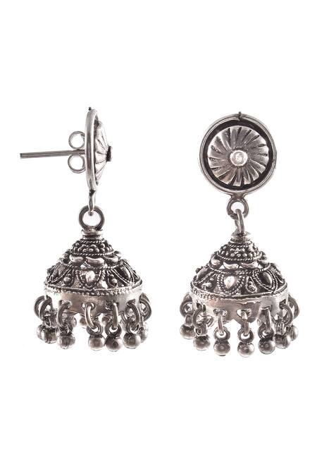 Noor_Silver Plated Embroidery Handcrafted Temple Jhumkas_Online_at_Aza_Fashions