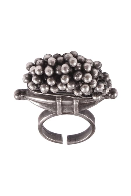 Noor_Silver Plated Beads Handcrafted Oxidized Ring_Online_at_Aza_Fashions