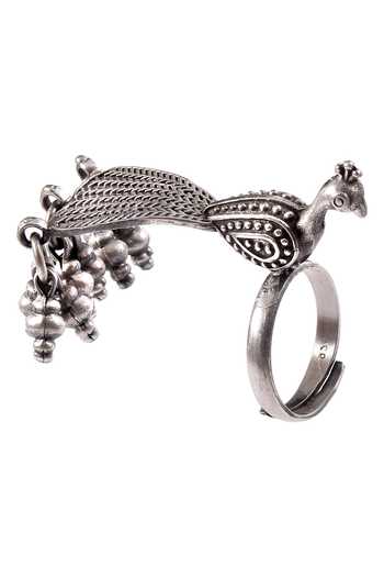 Noor_Silver Plated Rhinestones 3d Peacock Adjustable Ring_Online_at_Aza_Fashions