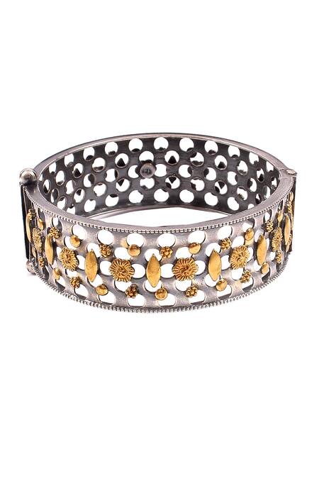 Noor_Gold Plated Handcrafted Floral Cutwork Bangle_Online_at_Aza_Fashions