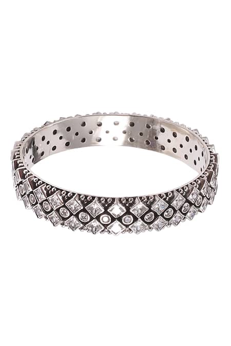 Noor_Silver Plated Crystals Handcrafted Stone Bangle_Online_at_Aza_Fashions