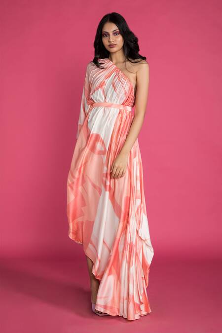 Buy_Vedika M_Peach Satin Asymmetric Shaded Draped Dress_Online_at_Aza_Fashions