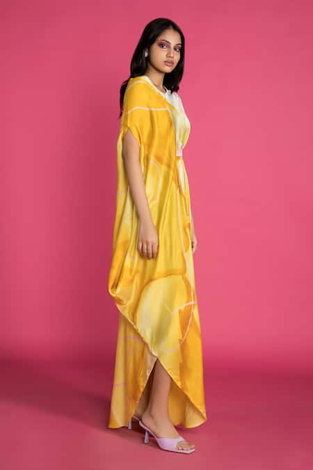 Vedika M Yellow Satin Round Abstract Print Draped Dress Online at Aza Fashions Vedika M_Yellow Satin Round Abstract Print Draped Dress _Online_at_Aza_Fashions