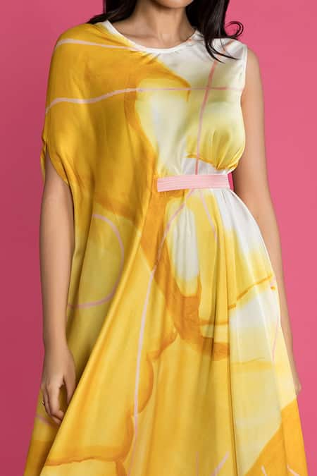 Shop Vedika M Yellow Satin Round Abstract Print Draped Dress Online at Aza Fashions Shop_Vedika M_Yellow Satin Round Abstract Print Draped Dress _Online_at_Aza_Fashions