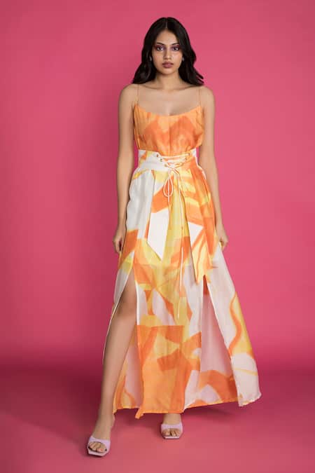Vedika M_Yellow Silk U Neck Abstract Print Slit Dress _Online_at_Aza_Fashions