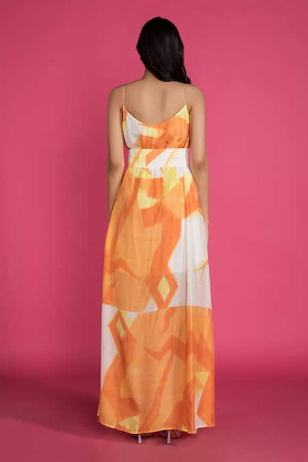 Shop_Vedika M_Yellow Silk U Neck Abstract Print Slit Dress _at_Aza_Fashions