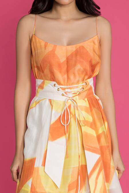 Buy_Vedika M_Yellow Silk U Neck Abstract Print Slit Dress _Online_at_Aza_Fashions