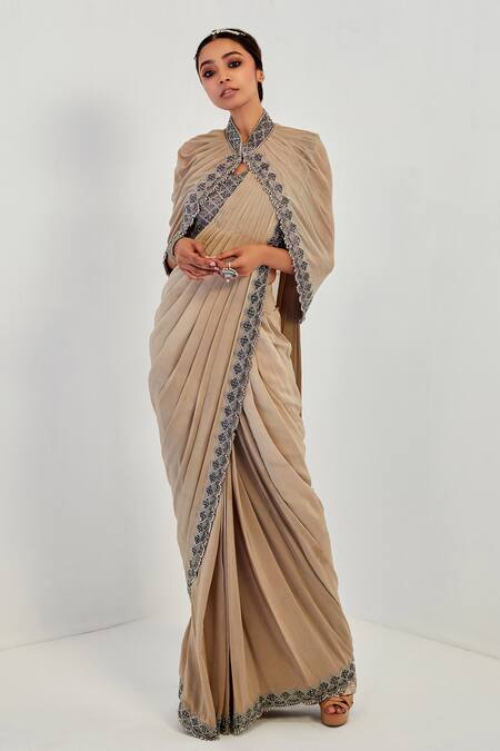 Rishi And Soujit Beige Organza, Crepe, Lycra Blouse Sweetheart Cape Pre-draped Saree And Set Online at Aza Fashions Rishi And Soujit_Beige Organza, Crepe, Lycra Blouse Sweetheart Cape Pre-draped Saree And Set _Online_at_Aza_Fashions