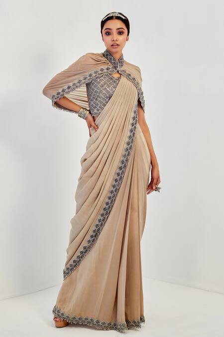 Buy Rishi And Soujit Beige Organza, Crepe, Lycra Blouse Sweetheart Cape Pre-draped Saree And Set Online at Aza Fashions Buy_Rishi And Soujit_Beige Organza, Crepe, Lycra Blouse Sweetheart Cape Pre-draped Saree And Set _Online_at_Aza_Fashions