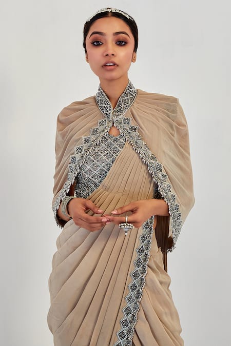 Shop Rishi And Soujit Beige Organza, Crepe, Lycra Blouse Sweetheart Cape Pre-draped Saree And Set Online at Aza Fashions Shop_Rishi And Soujit_Beige Organza, Crepe, Lycra Blouse Sweetheart Cape Pre-draped Saree And Set _Online_at_Aza_Fashions