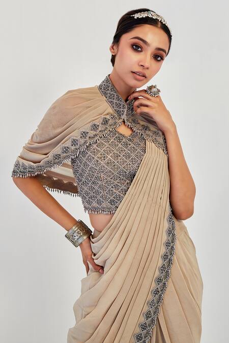 Rishi And Soujit Beige Organza, Crepe, Lycra Blouse Sweetheart Cape Pre-draped Saree And Set at Aza Fashions Rishi And Soujit_Beige Organza, Crepe, Lycra Blouse Sweetheart Cape Pre-draped Saree And Set _at_Aza_Fashions